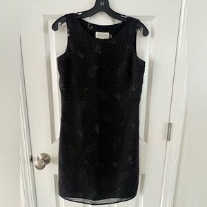 Casual Corner Black and White Sheer Striped Midi Dress over Paisley Print